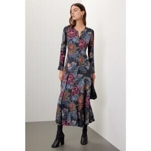 FARM RIO Blue Floral A-Line Long Sleeve Front Zipper Maxi Dress sz Extra Large